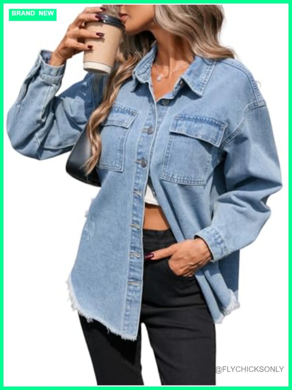 Oversized Denim Jacket Distressed Frayed Hem Button Down Shacket